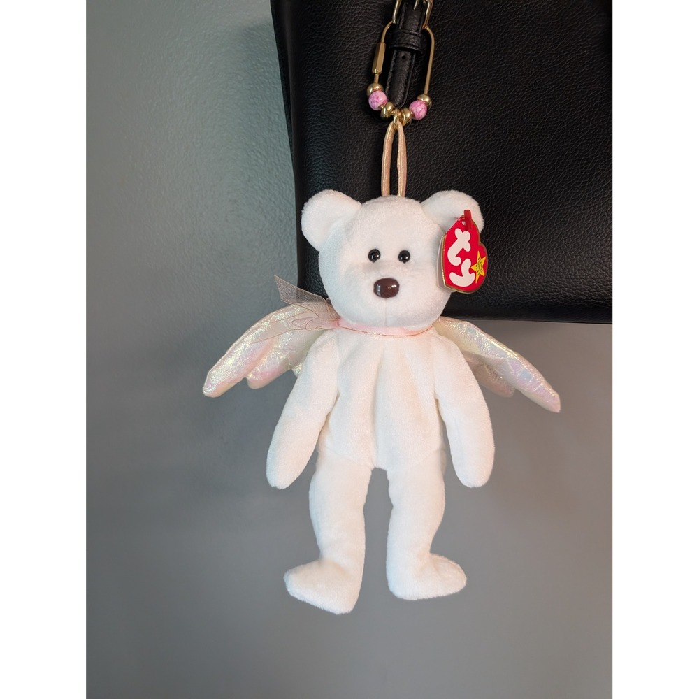 Ty Beanie Baby Halo Angel Bear Upcycled Purse Charm Keychain White 1998
